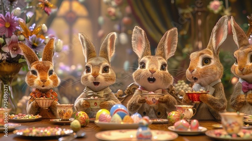 Bunny family gathering around an exquisitely decorated Easter dinner table.