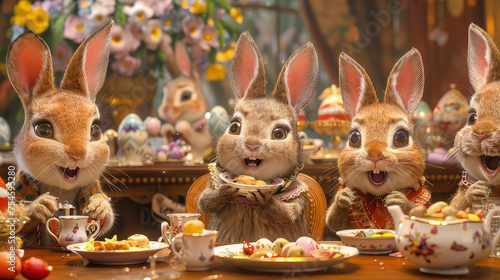 Adorable bunny family coming together around a stunning Easter dinner spread. © pengedarseni
