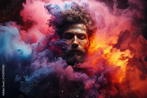 Mystical man's face engulfed in swirling flames of color