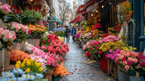 Crowded alleyway lined with vibrant flowers and bustling with pedestrians