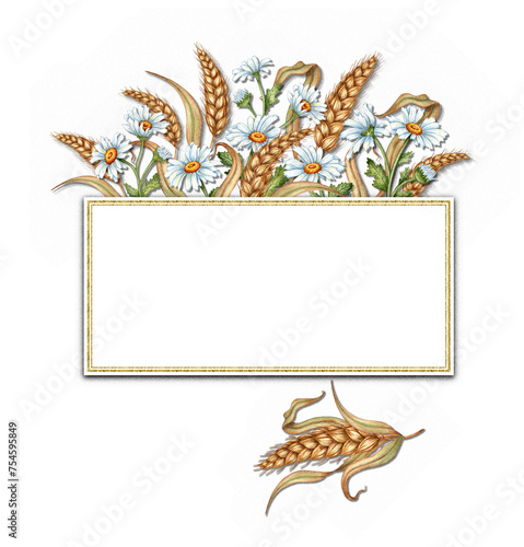 Watercolor illustration of a bouquet of white daisies and golden ears of wheat with rectangular space for text. Harvest Festival. Compositions of meadow flowers for weddings, posters, cards, banners, 