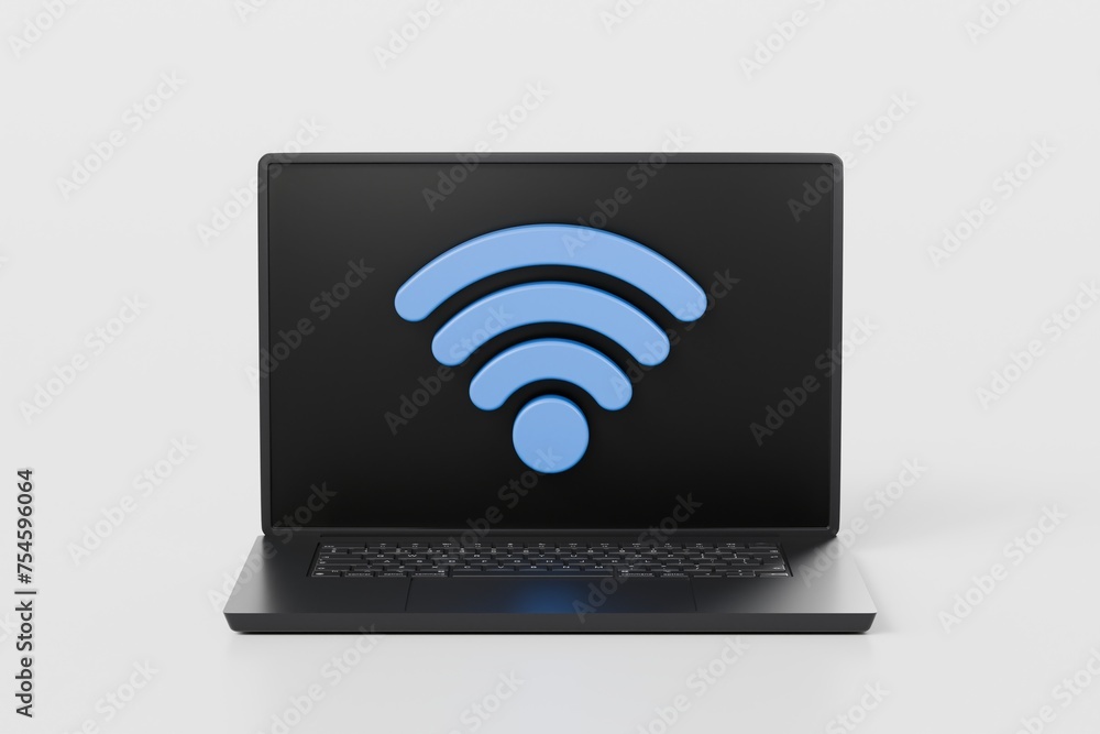 3d laptop computer device with wireless connection password sharing network. Hotspot access point for digital and online coverage. Broadcasting area with Wi-Fi signal icon. 3d rendering illustration. 3d laptop computer device with wireless connection password sharing network. Hotspot access point for digital and online coverage. Broadcasting area with Wi-Fi signal icon. 3d rendering illustration.