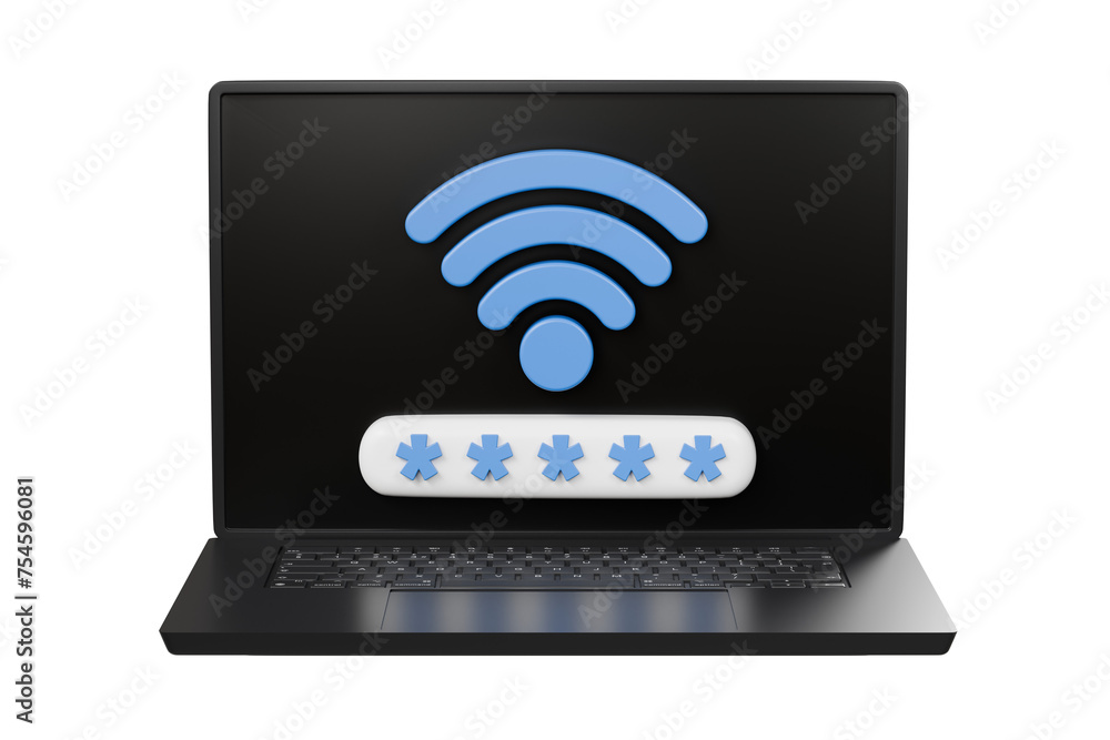 3d laptop computer device with wireless connection password sharing network. Hotspot access point for digital and online coverage. Broadcasting area with Wi-Fi signal icon. 3d rendering illustration. 3d laptop computer device with wireless connection password sharing network. Hotspot access point for digital and online coverage. Broadcasting area with Wi-Fi signal icon. 3d rendering illustration.