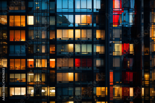 Close-Up View of Lit Office Building Windows at Dusk