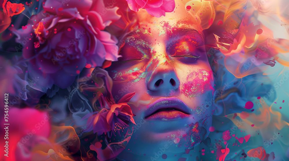 Mysterious sensual woman with makeup with lots of colorful flowers surrounded by smoke. Glamor creative portrait of a woman with closed eyes.