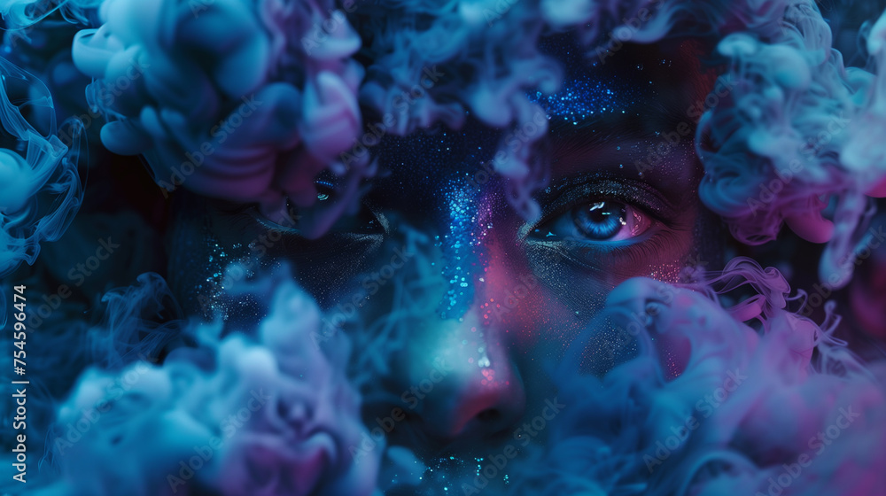 A mysterious woman with glitter makeup and open eyes, shrouded in the background of blue smoke. - obrazy, fototapety, plakaty 