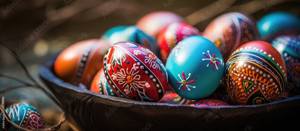 A close-up view of a bowl brimming with vibrant hand-painted Easter eggs, showcasing various intricate designs and hues.