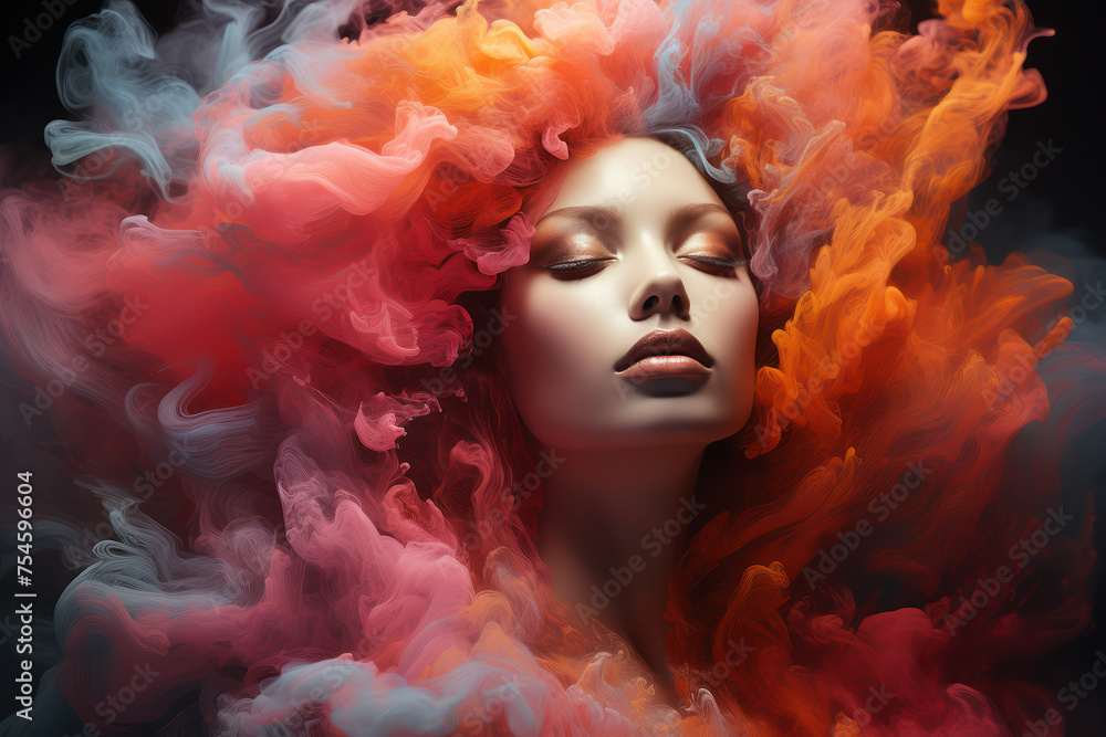 A woman's face emerges from a vivid cascade of smoky hues, evoking fantasy A woman's face emerges from a vivid cascade of smoky hues, evoking fantasy