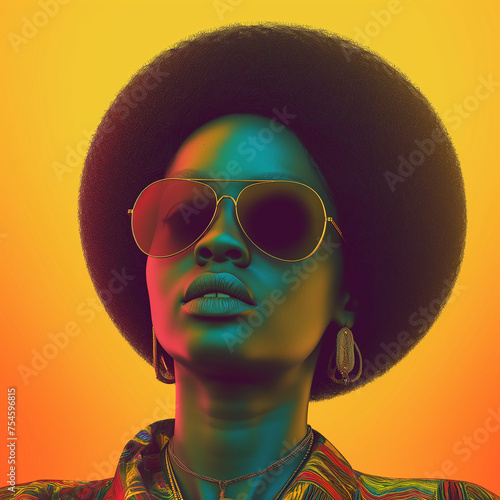 Black woman with an afro and sunglasses, editorial concept art