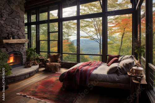 Cozy Mountain Cabin Interior with Fireplace and View