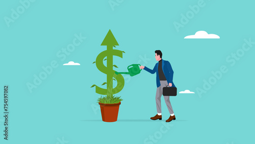 businessman makes financial growth graph by water the money plant with a watering can, long term investment concept, Growth Earning From Compound Interest In Long Term Investing, investment dividend