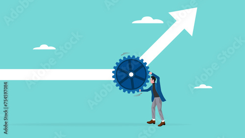 change business management, businessman turn gear cog to manage change direction arrows, professional or expertise to manage company transformation or implement new process concept vector illustration