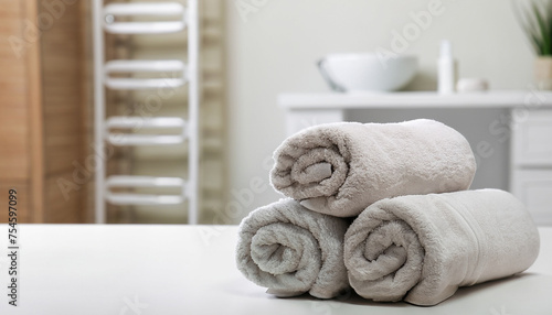 Rolled soft towels on white table in bathroom. Space for text