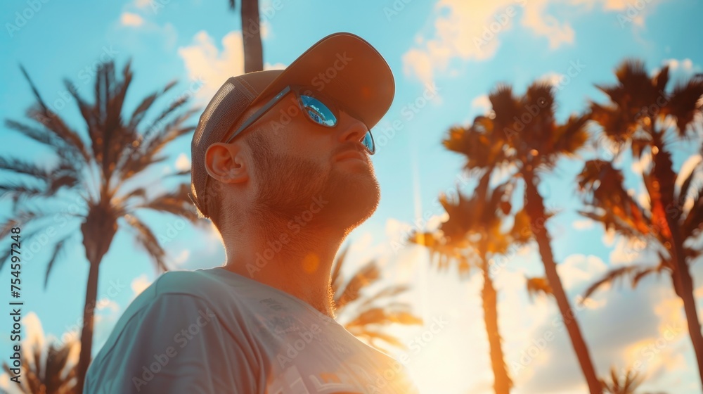 A man in a baseball cap and sunglasses against the backdrop of palm trees and the beach. Lens distortion. AI generative.