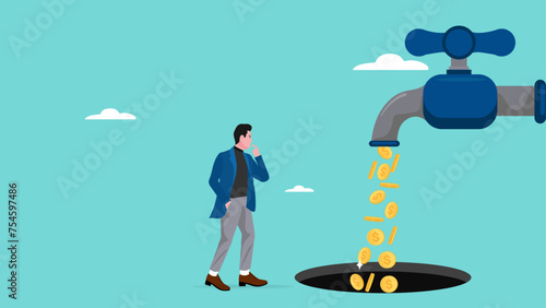 financial problem, businessman is confused to see the missing business income coin faucet, losses in business are caused by poor financial management