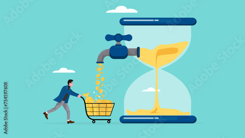 time to make money or income, long term investment, make profit or investment gain concept, businessman collects money from hourglass water tap into shopping cart concept vector illustration