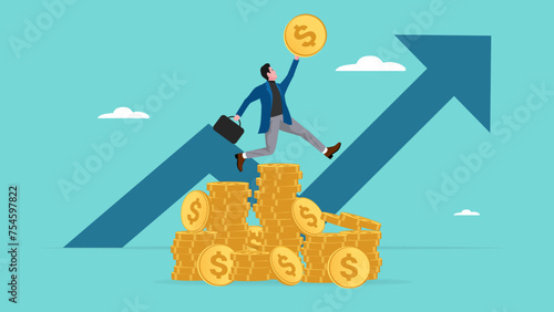 rich businessman jump high on money coin stack with business growth graph, stock market return, successful investment concept, money or financial success