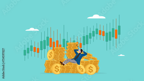 businessman sleeping on a pile of gold coins with growth graph background, stock market return, successful investment concept, money or financial success