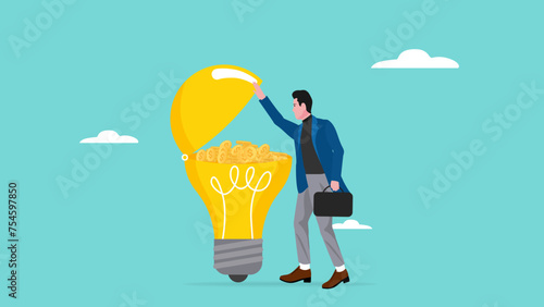 businessman opens the light bulb idea filled with gold coins, creative idea to earned money, knowledge or creativity for career success and financial freedom, strategy to achieve business success