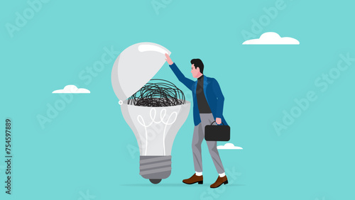 difficulty in solving problems, out of ideas concept, too many complicated thoughts, confused businessman opens the dead light bulb idea containing a coil of stress messy lines vector illustration