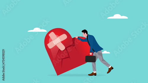 despair or disappointment with sad businessman leaning on a broken heart that is bandaged, failure to achieve targets in life or career success concept vector illustration with flat design style