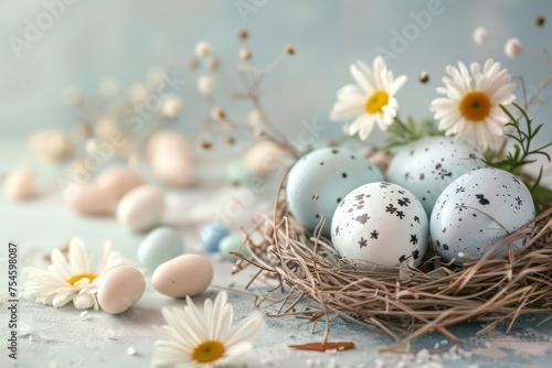 Easter eggs with sweets and flowers on beige background. Happy Easter concept.