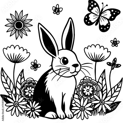 easter bunny in flower garden vector illustration 