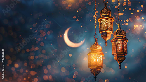 Crescent moon and golden lanterns on ornamental dark blue navy Ramadan Kareem background with bokeh, magic festive atmosphere, Minimalist Islamic dark navy backdrop, glowing decorated light, beautiful photo