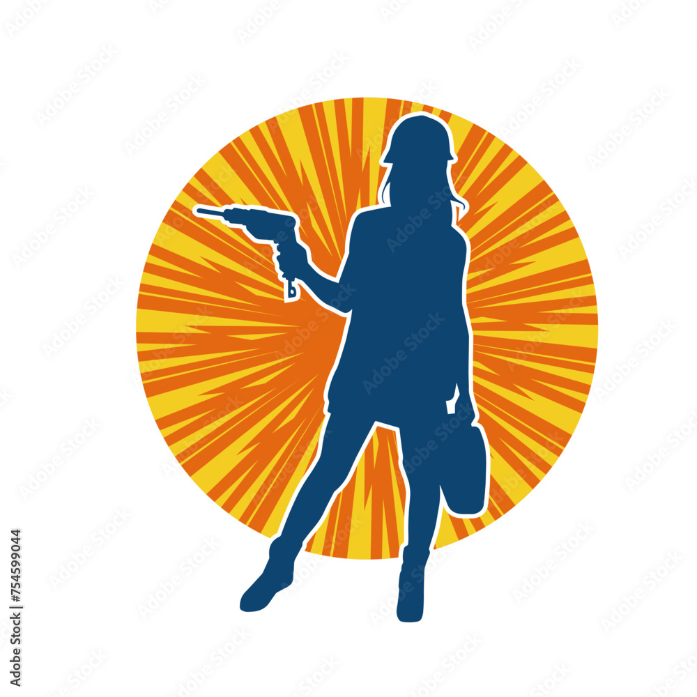 Silhouette of woman in construction worker costume carrying drill power tool. Silhouette of construction worker female in action pose with power tool driller. 