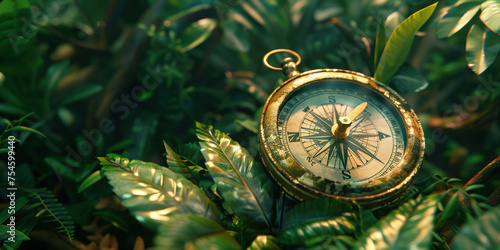 Ancient gold compass surrounded by lush green plants in the heart of the jungle