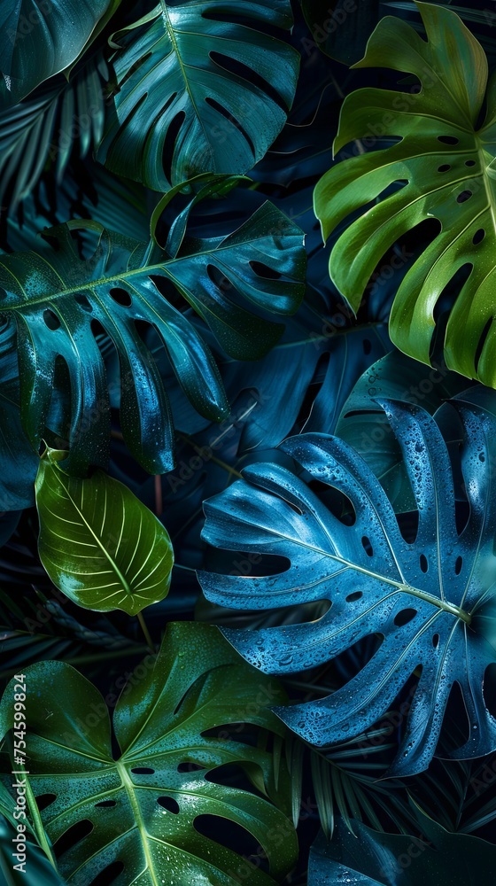 Green and Blue Neon Light with Tropical Leaves Green and Blue Neon Light with Tropical Leaves