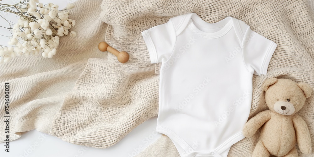 White cotton baby bodysuit with short sleeves, accompanied by a plush teddy bear and wooden toys, set against a soft beige fabric background, capturing the essence of infancy.