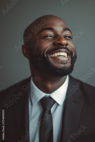 A bald Smiling Young Man in a Black Suit