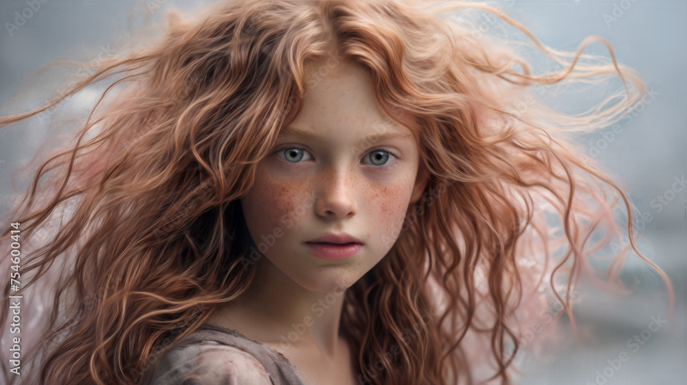 A young teenage girl with expressive eyes and strawberry blond hair blowing in the wind. Light freckles. Dramatic pose in front of a light blue sky. A young teenage girl with expressive eyes and strawberry blond hair blowing in the wind. Light freckles. Dramatic pose in front of a light blue sky.