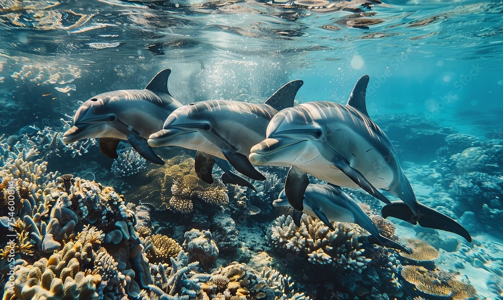 Obraz premium Dolphins swimming in the ocean, marine wildlife, sea creature, protect wildlife, ecology and nature protection, coral reef, animal photography