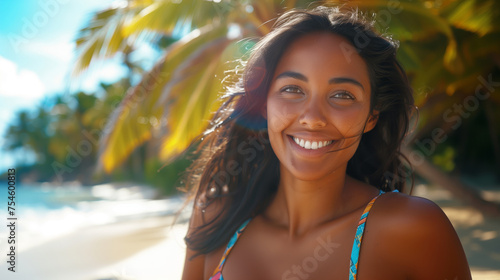 Portrait of happy smiling tan-skin woman in colorful bikini at the tropical island with copy space area © OHMAl2T