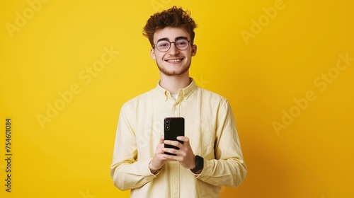 Young man holding smartphone and smiling while standing against yellow background, wearing glasses. Man with phone in hand on isolated yellow color background