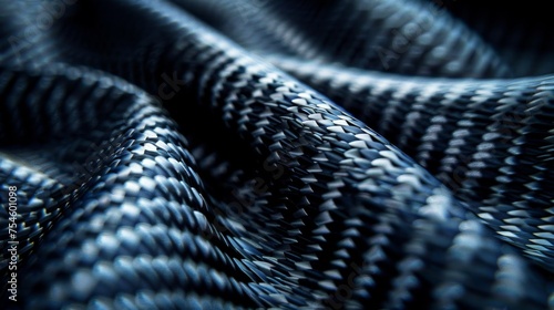 Closeup of carbon fiber fabric, highlighting its texture and details. The material is a dark blue with black highlights, creating an industrial look