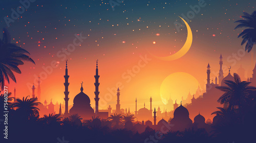 Vibrant Ramadan Kareem banner with Arabic calligraphy design and mosque silhouette designed in a flat style, reflect the spirit of unity, peace, and reflection during the holy month of Ramadan