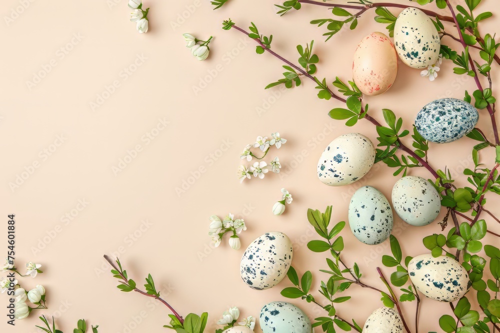 Easter eggs with sweets and flowers on beige background. Happy Easter concept. Easter eggs with sweets and flowers on beige background. Happy Easter concept.
