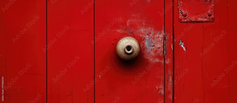 A red door with a white knob, showing signs of wear and tear with a broken knob. The color contrast between the red door and white knob is stark. A red door with a white knob, showing signs of wear and tear with a broken knob. The color contrast between the red door and white knob is stark.