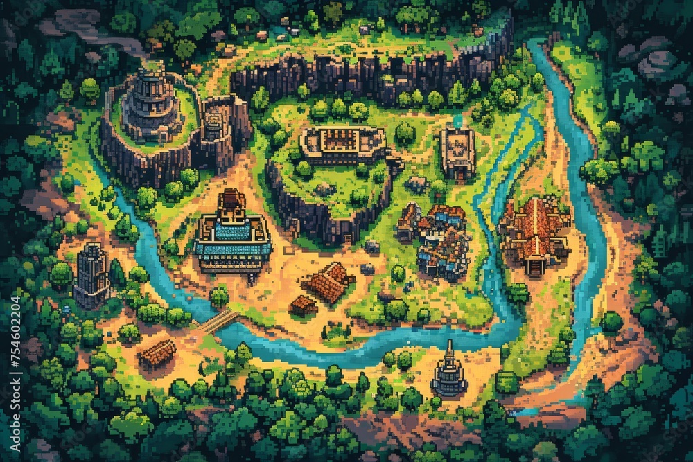 Pixelated village for game map. pixel map in the game. pixelated village maps in the game. Pixel art concept of village. Abstract pixelate landscape background. Pixelated village for game map. pixel map in the game. pixelated village maps in the game. Pixel art concept of village. Abstract pixelate landscape background.