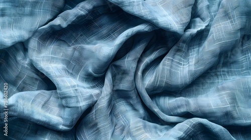 Abstract crumpled linen fabric texture background. Natural light blue hue color dyed linen organic eco textiles canvas background. Top view