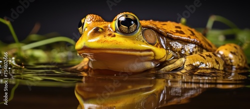 A close-up view of a bullfrog, a member of the Kaloula family, perched on the surface of a body of water. The amphibians distinct green and brown skin glistens in the sunlight as it remains motionless photo