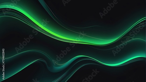 Holographic green gradient neon wave shape liquid on plain black background from Generative AI