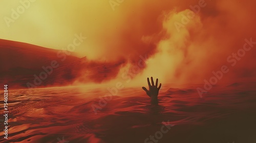 Fototapeta Naklejka Na Ścianę i Meble -  a Desperate hand reaching out in the Misty lake