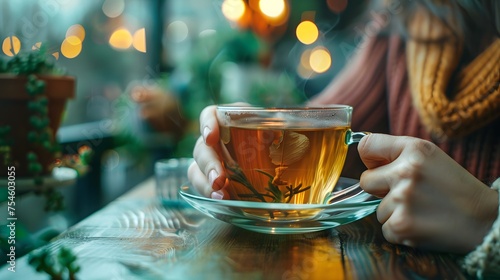 Asian person drinking tea for health with a glass transparent cup full of tea in people hands
