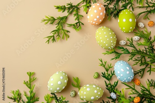 Easter eggs with sweets and flowers on beige background. Happy Easter concept.