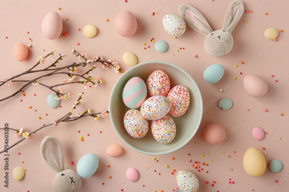 Easter with this tender top view display. Bowl with color-packed eggs, whimsical bunny ears Easter with this tender top view display. Bowl with color-packed eggs, whimsical bunny ears