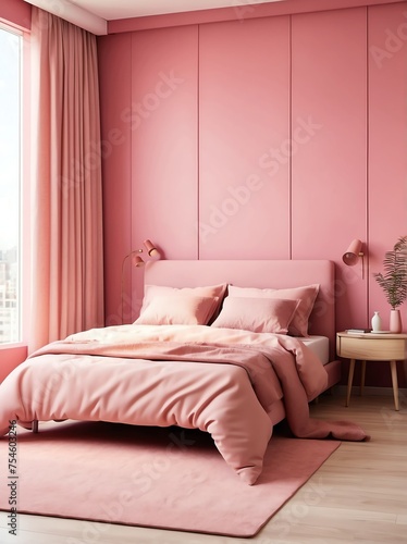 Portrait of a minimalist small bedroom of an apartment  pink theme from Generative AI